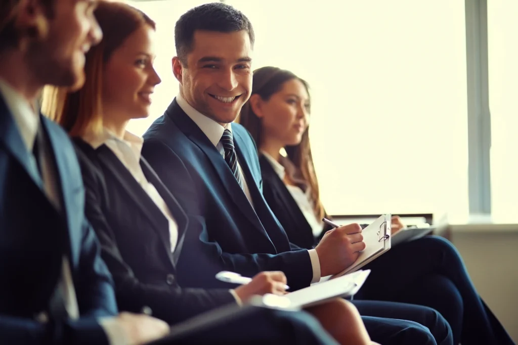 Groupe de collaborateurs souriants participant à un séminaire d’entreprise organisé au Portugal, incarnant la convivialité et l’esprit d’équipe valorisés par Solal Events.